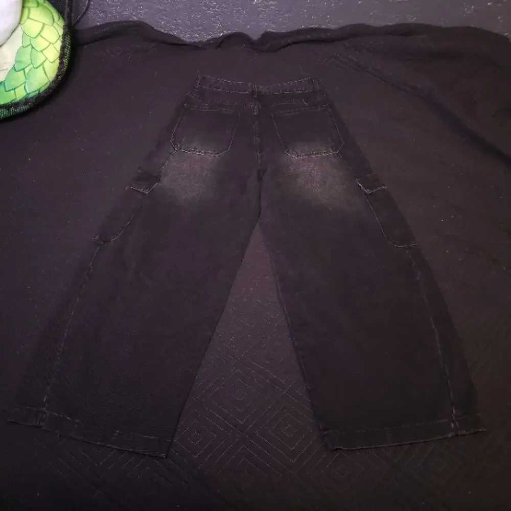 Black Baggy Wide Leg Cargo Jeans | Flap Utility Pockets | W30 42in